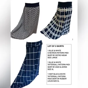 3 PCS BLUE &amp; WHITE MIDI &amp; MAXI SKIRTS FOR ALL OCCASIONS TATTERSALLS &amp; CHEVRON