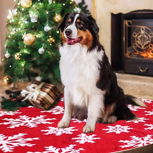 48" Christmas Tree Skirt, Red Faux Fur Tree Skirts Christmas Decoration, White Snowflake Tree Mats for Merry Christmas Party Holiday Tree Decorations