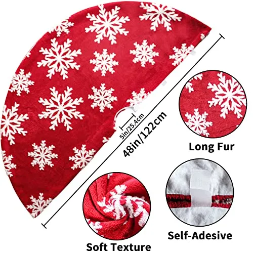 48" Christmas Tree Skirt, Red Faux Fur Tree Skirts Christmas Decoration, White Snowflake Tree Mats for Merry Christmas Party Holiday Tree Decorations