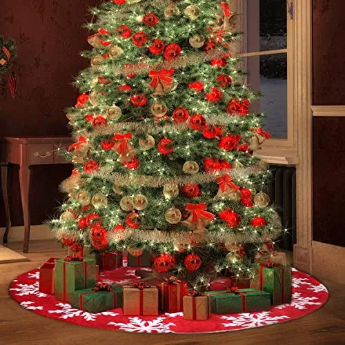 48" Christmas Tree Skirt, Red Faux Fur Tree Skirts Christmas Decoration, White Snowflake Tree Mats for Merry Christmas Party Holiday Tree Decorations