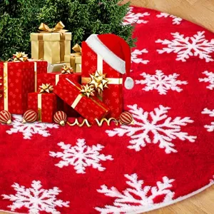 48" Christmas Tree Skirt, Red Faux Fur Tree Skirts Christmas Decoration, White Snowflake Tree Mats for Merry Christmas Party Holiday Tree Decorations