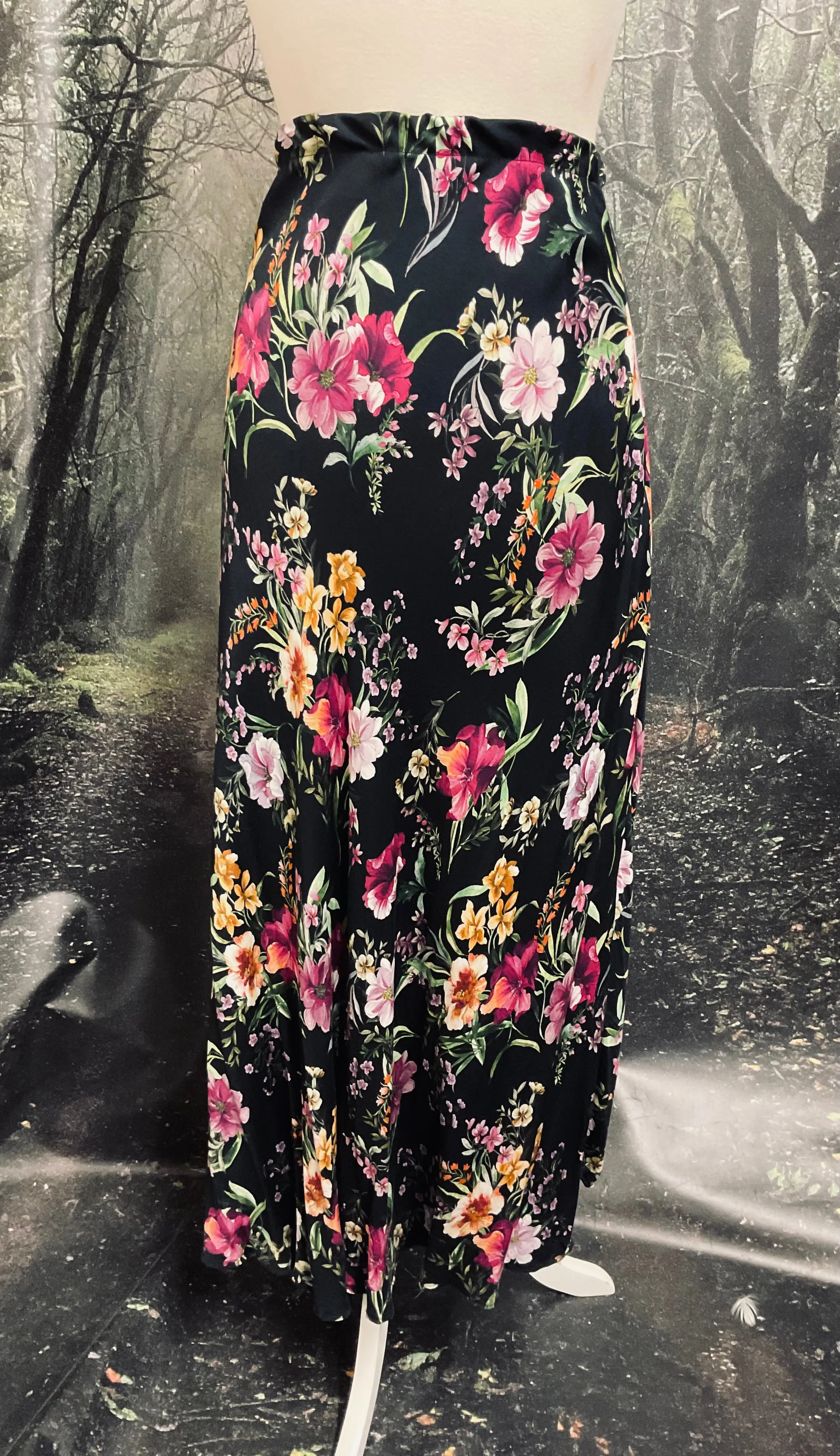 #5245 Floral bias cut rayon skirt with rouche detail hem