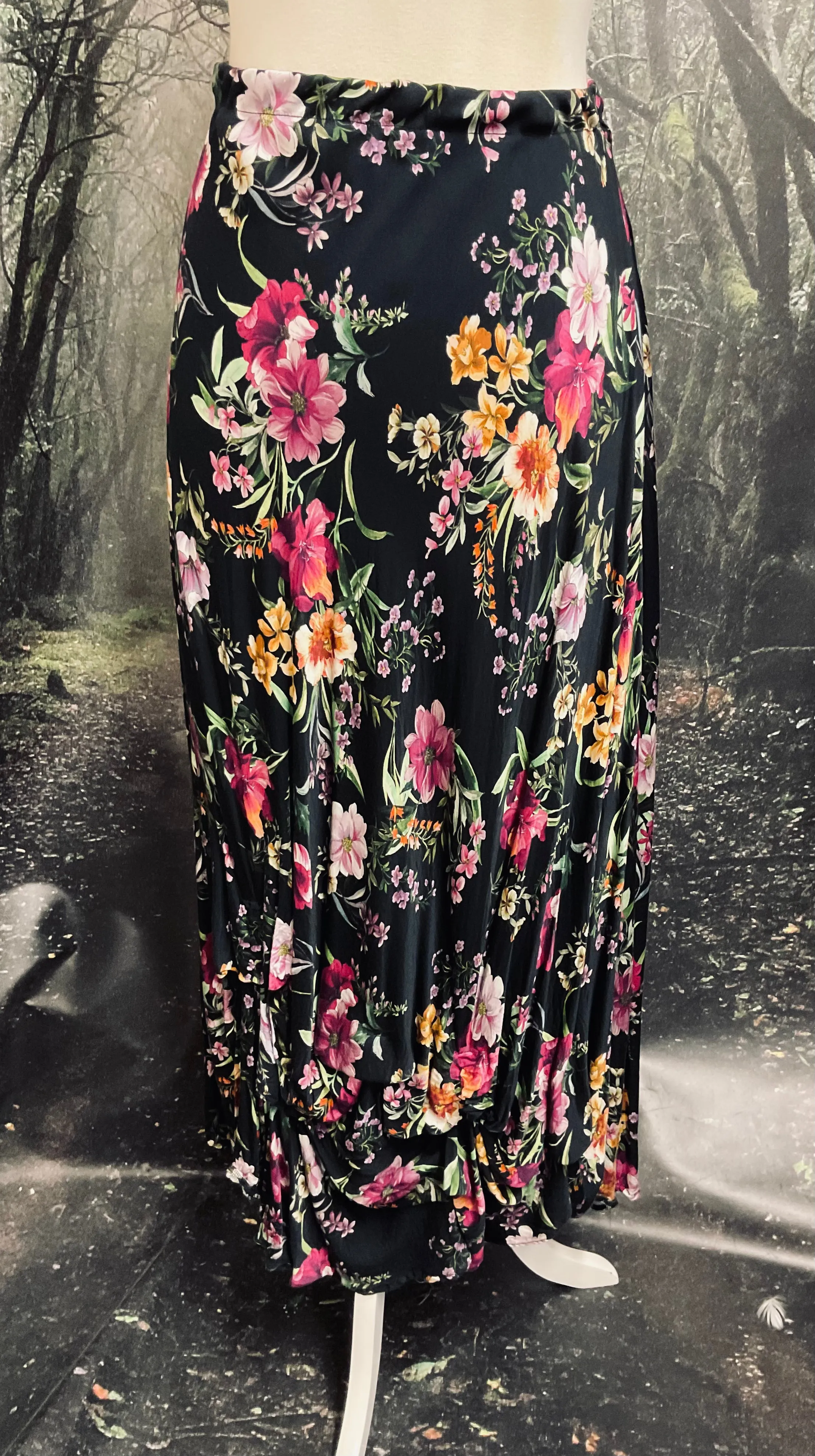 #5245 Floral bias cut rayon skirt with rouche detail hem