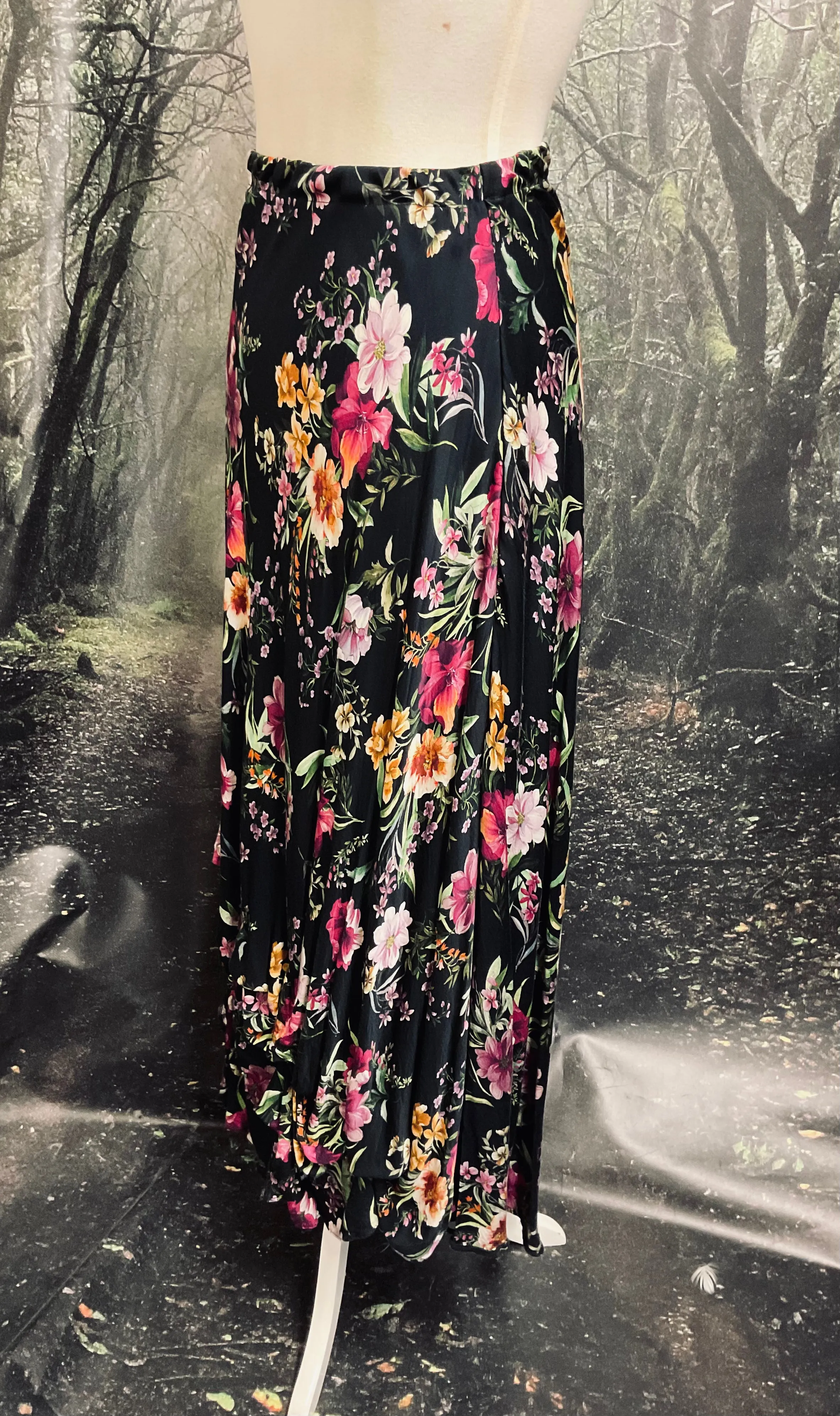 #5245 Floral bias cut rayon skirt with rouche detail hem