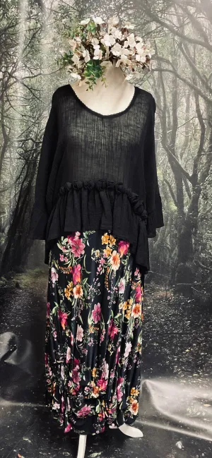 #5245 Floral bias cut rayon skirt with rouche detail hem