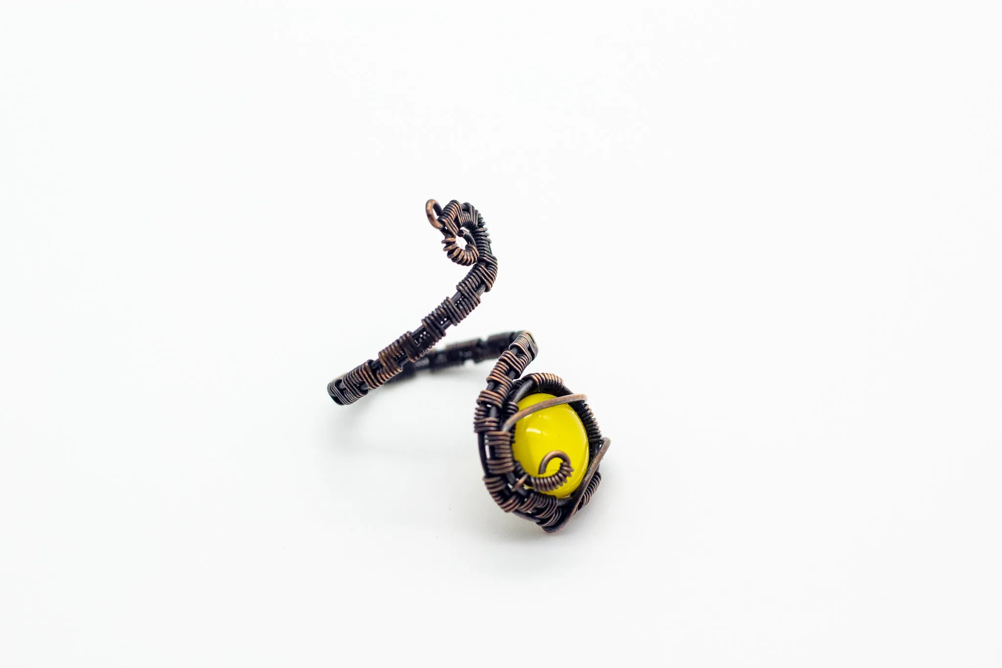 Adjustable Copper Ring with Bright Yellow Fused Glass Accent