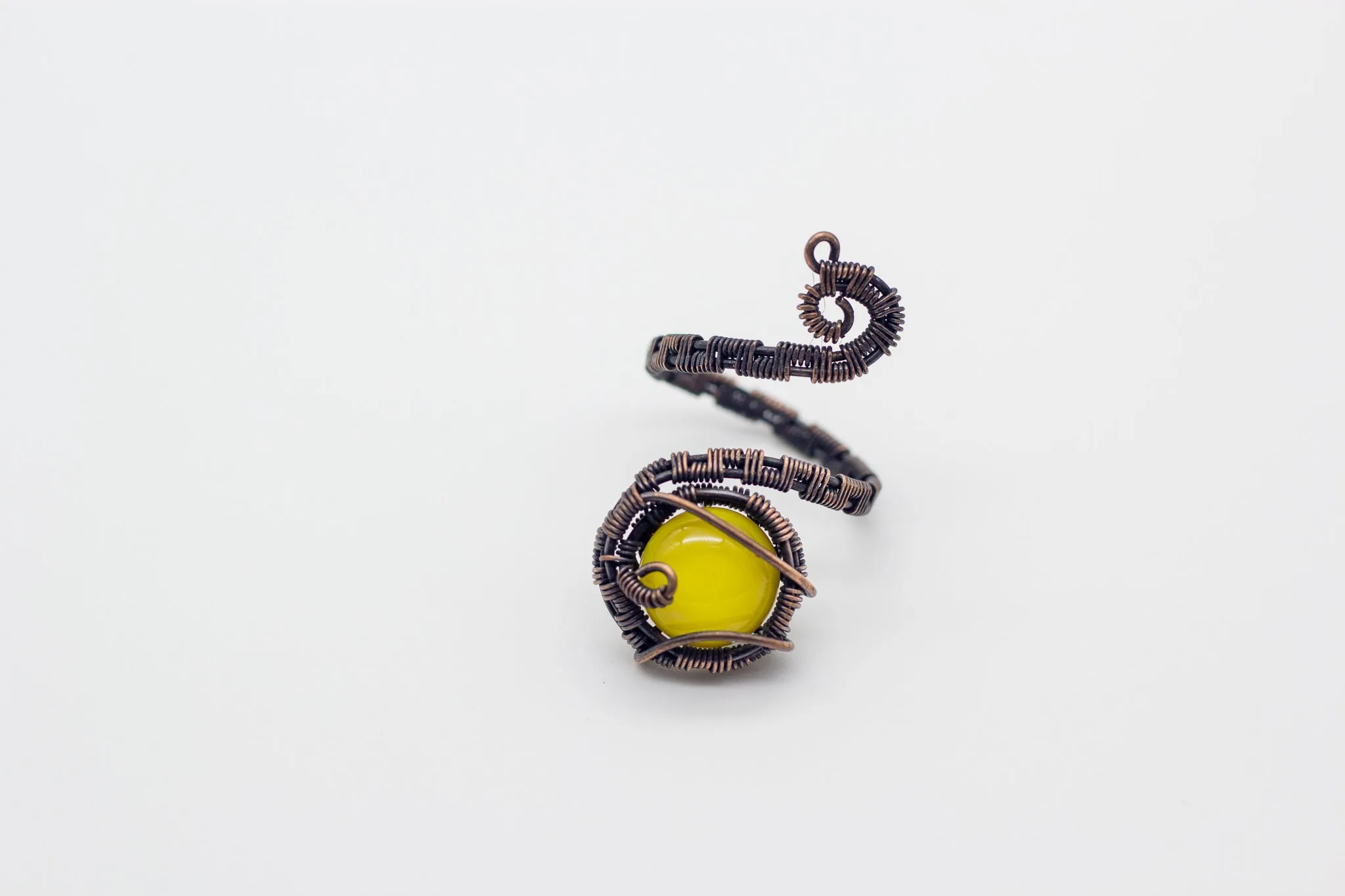 Adjustable Copper Ring with Bright Yellow Fused Glass Accent