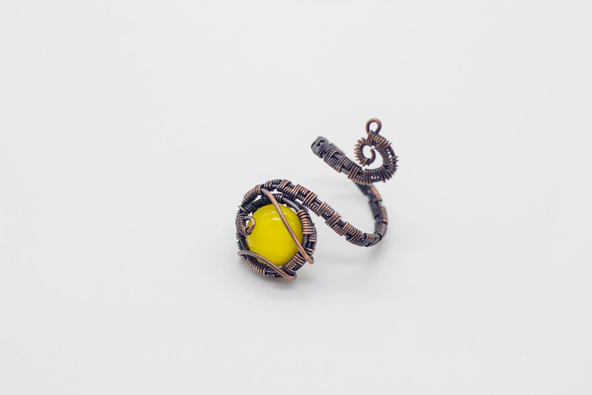 Adjustable Copper Ring with Bright Yellow Fused Glass Accent