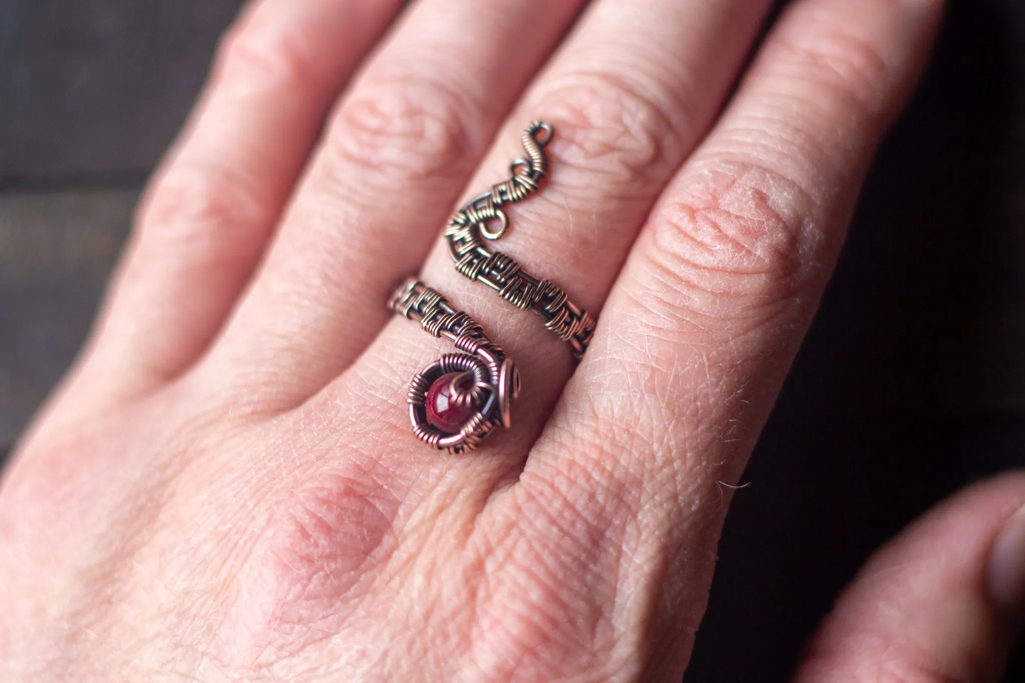 Adjustable Copper Ring with Deep Red Fused Glass Accent