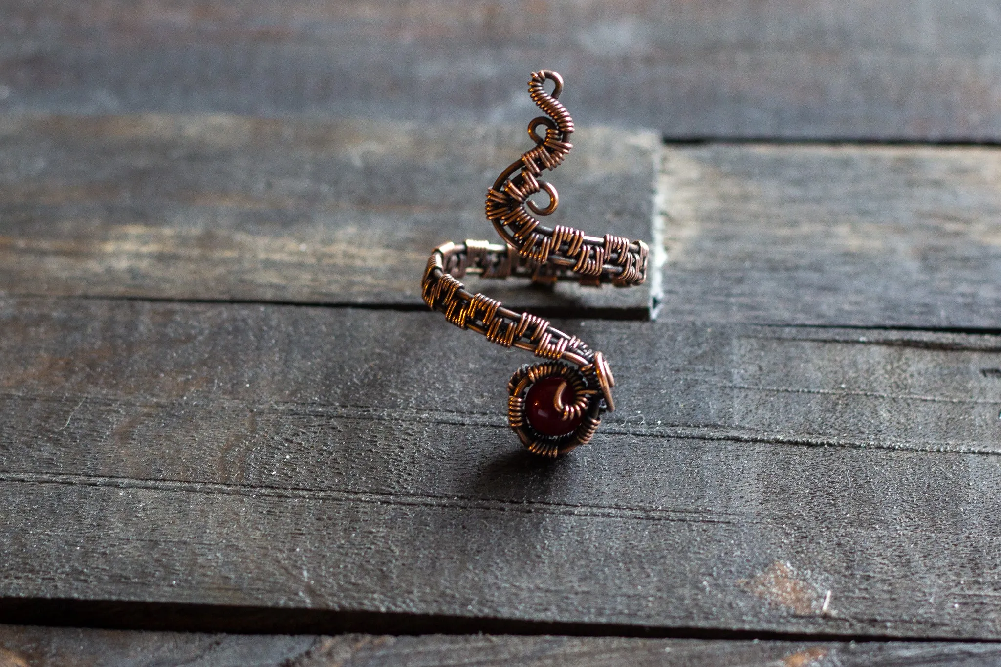 Adjustable Copper Ring with Deep Red Fused Glass Accent