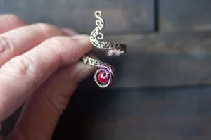 Adjustable Copper Ring with Deep Red Fused Glass Accent