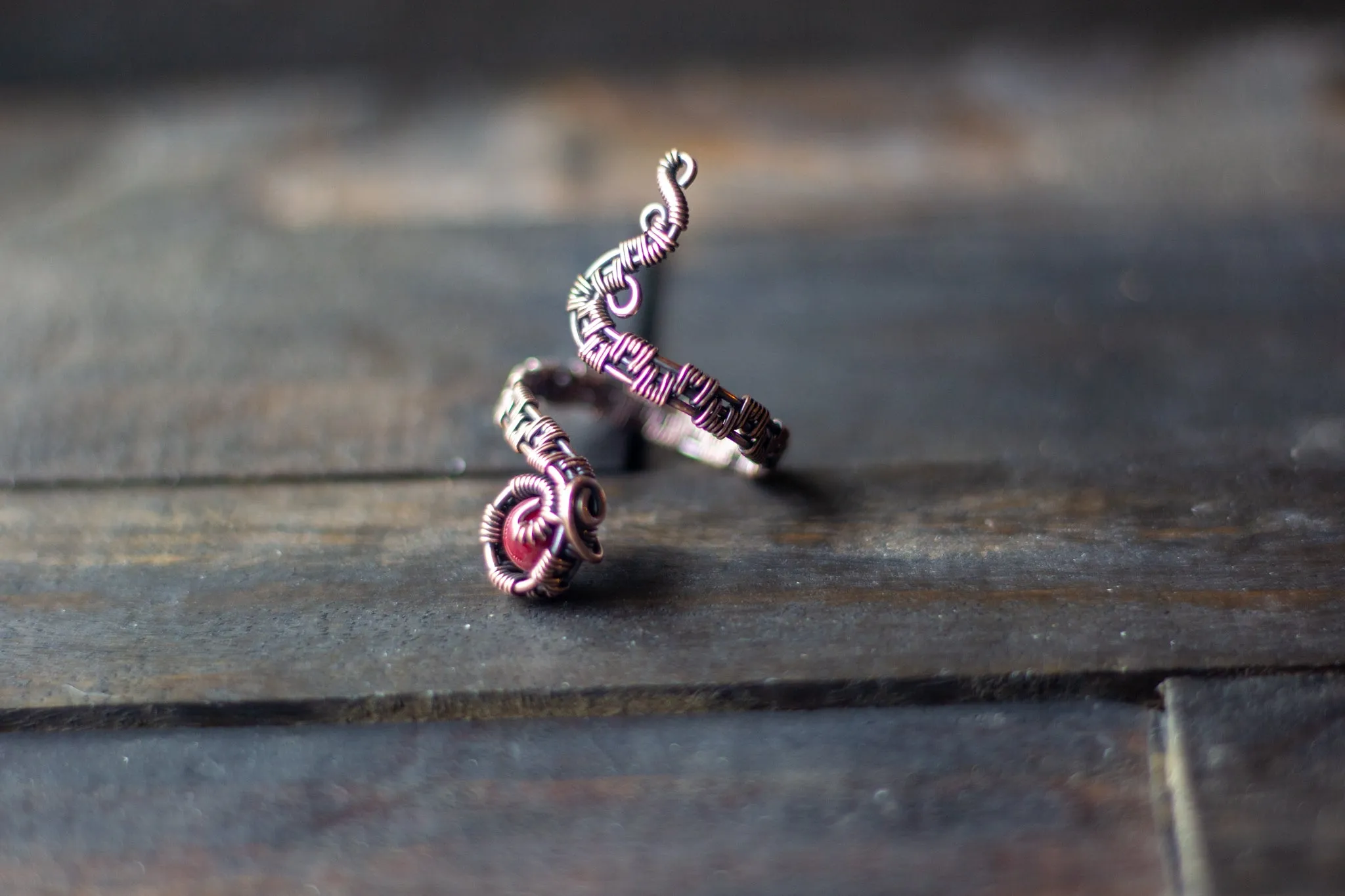 Adjustable Copper Ring with Deep Red Fused Glass Accent
