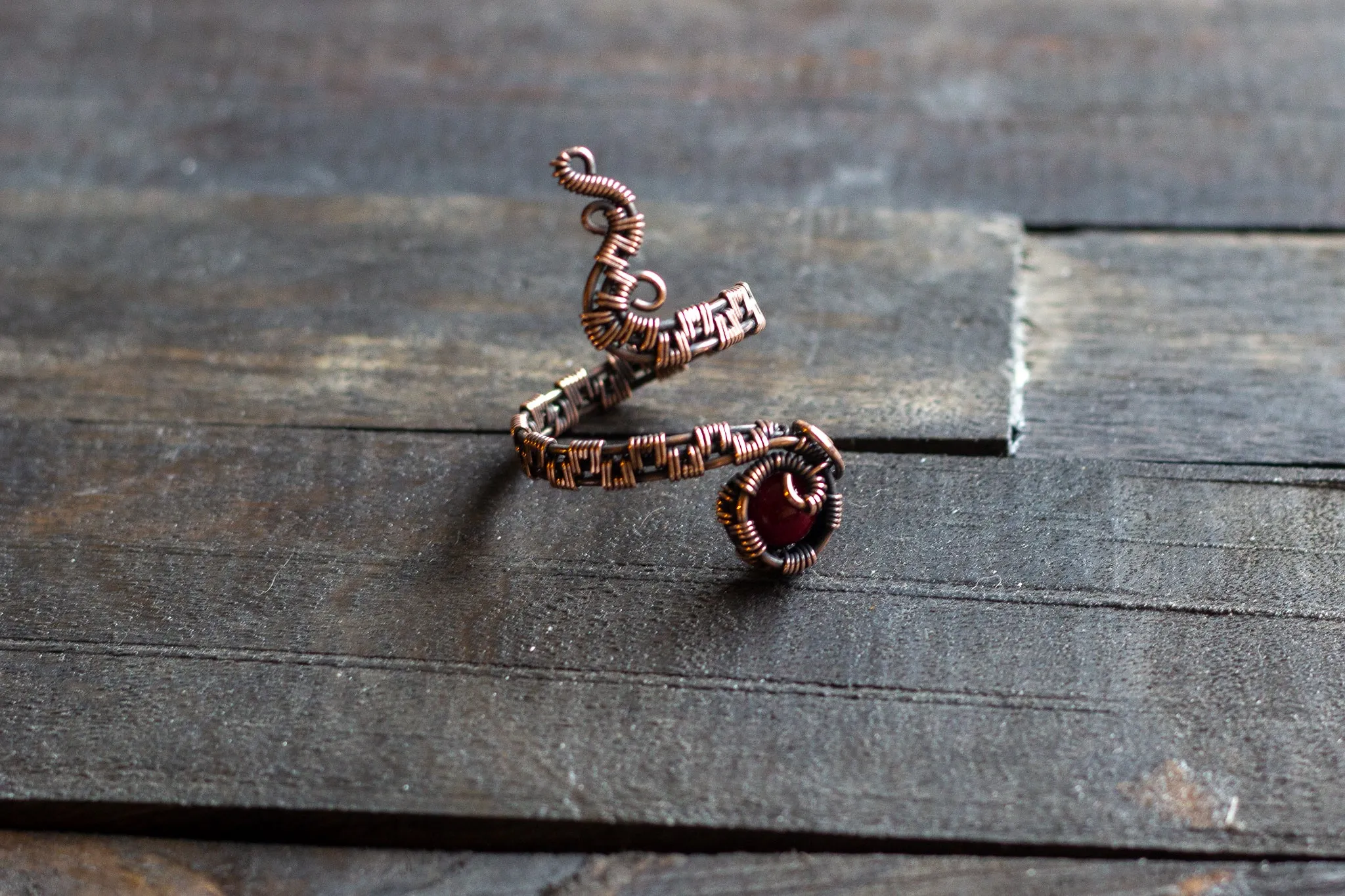 Adjustable Copper Ring with Deep Red Fused Glass Accent