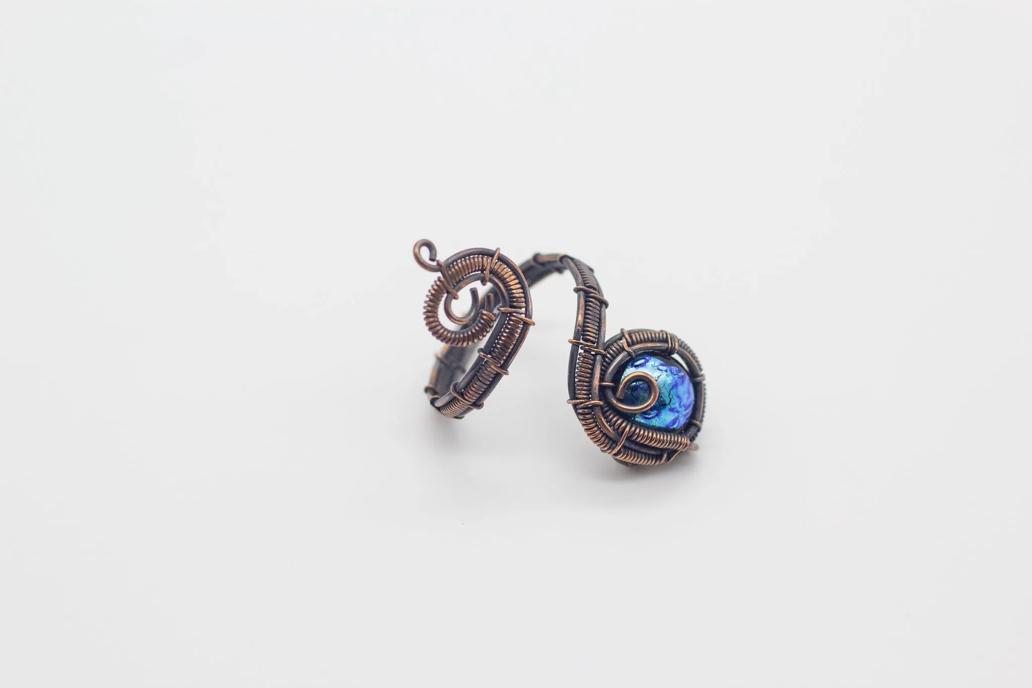 Adjustable Copper Ring with Dichroic Blue Fused Glass Accent