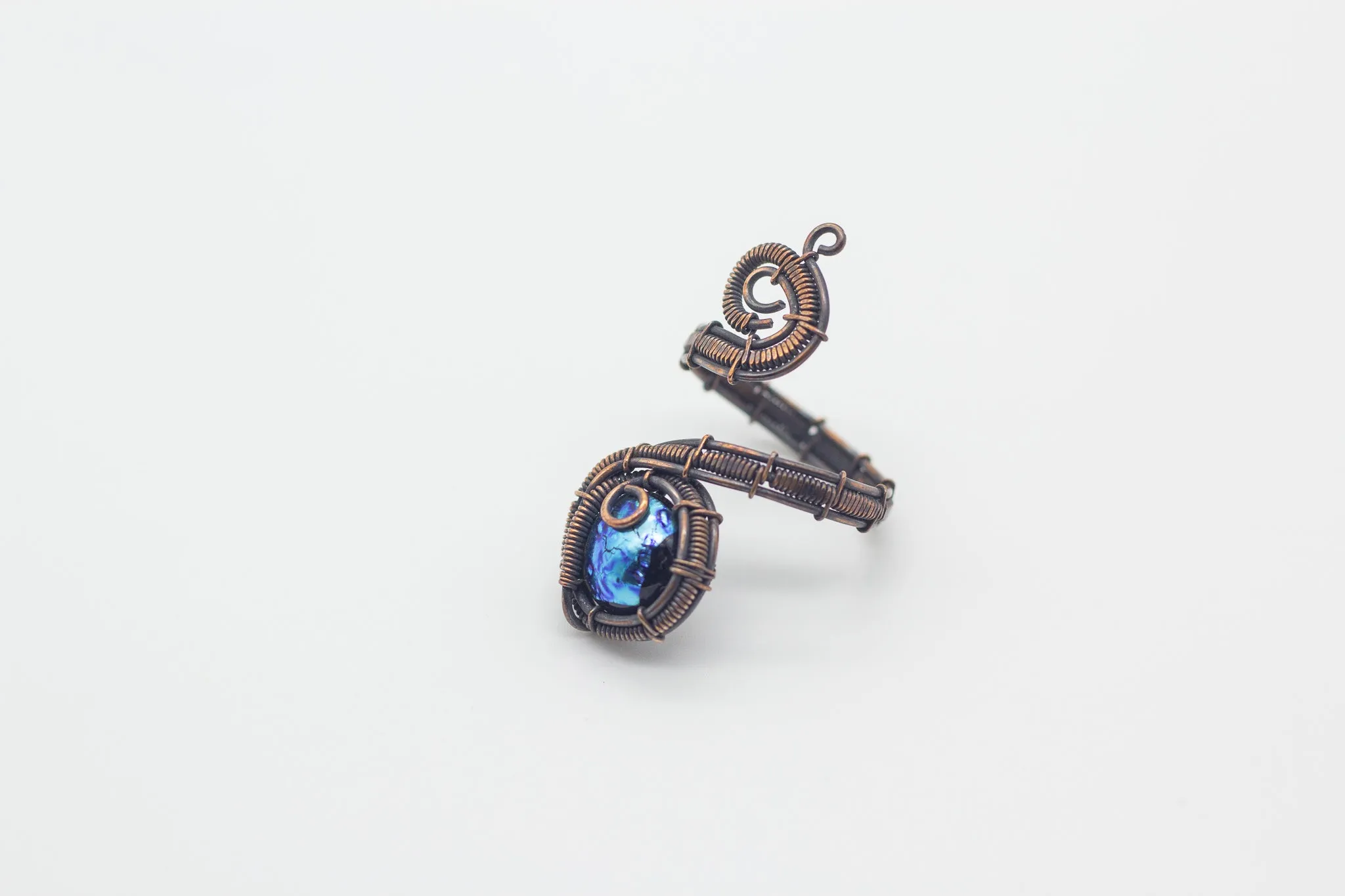 Adjustable Copper Ring with Dichroic Blue Fused Glass Accent