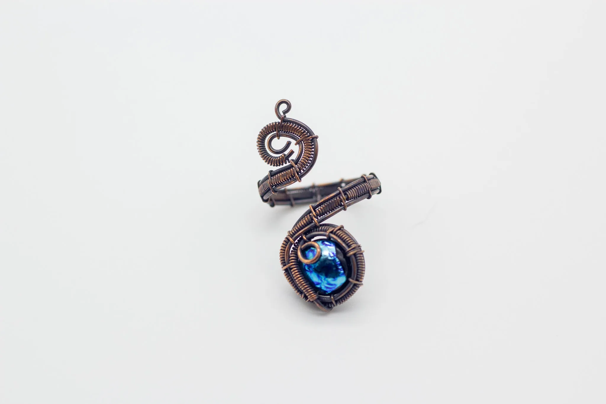 Adjustable Copper Ring with Dichroic Blue Fused Glass Accent