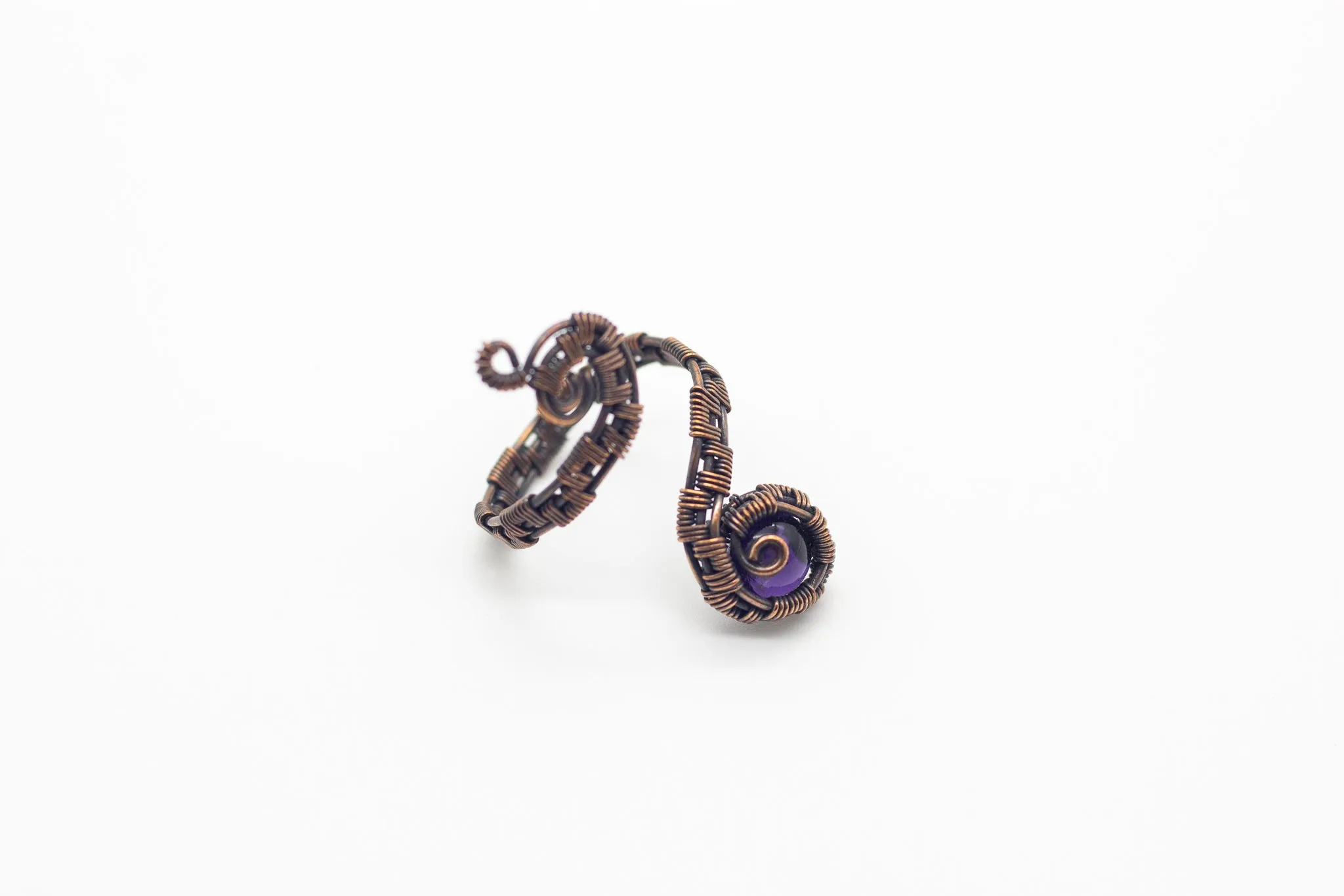 Adjustable Copper Ring with Purple Fused Glass Accent