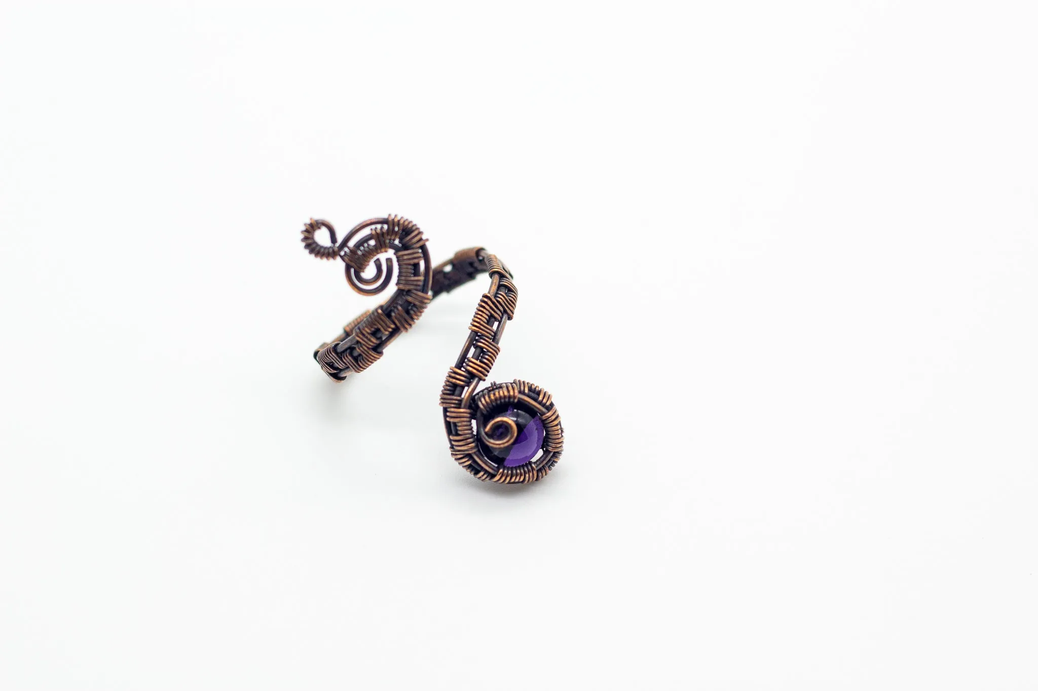Adjustable Copper Ring with Purple Fused Glass Accent