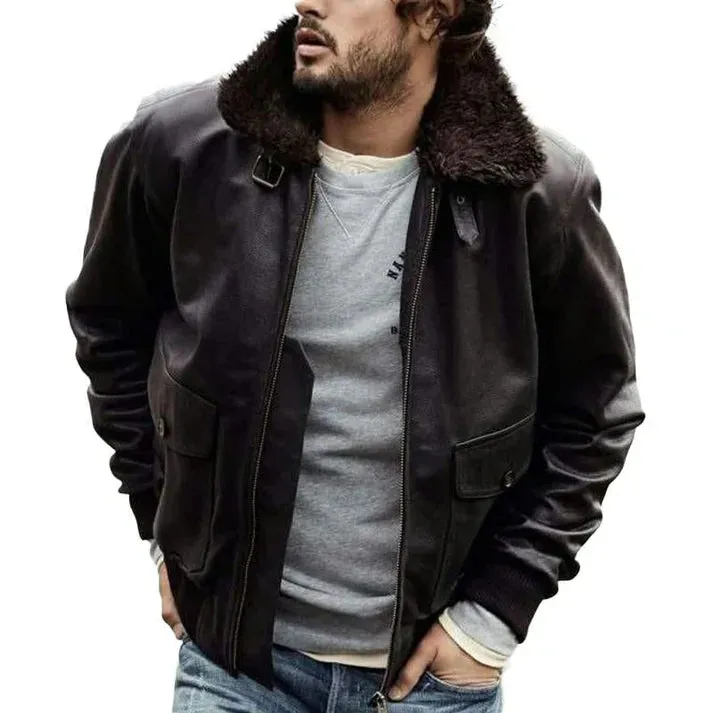 Alf - Vintage leather jacket with fur collar and zipper