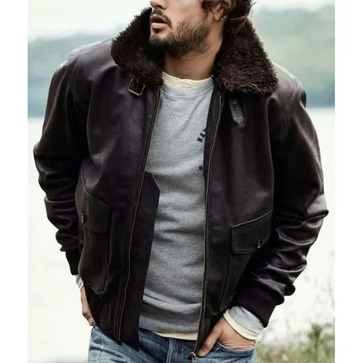 Alf - Vintage leather jacket with fur collar and zipper