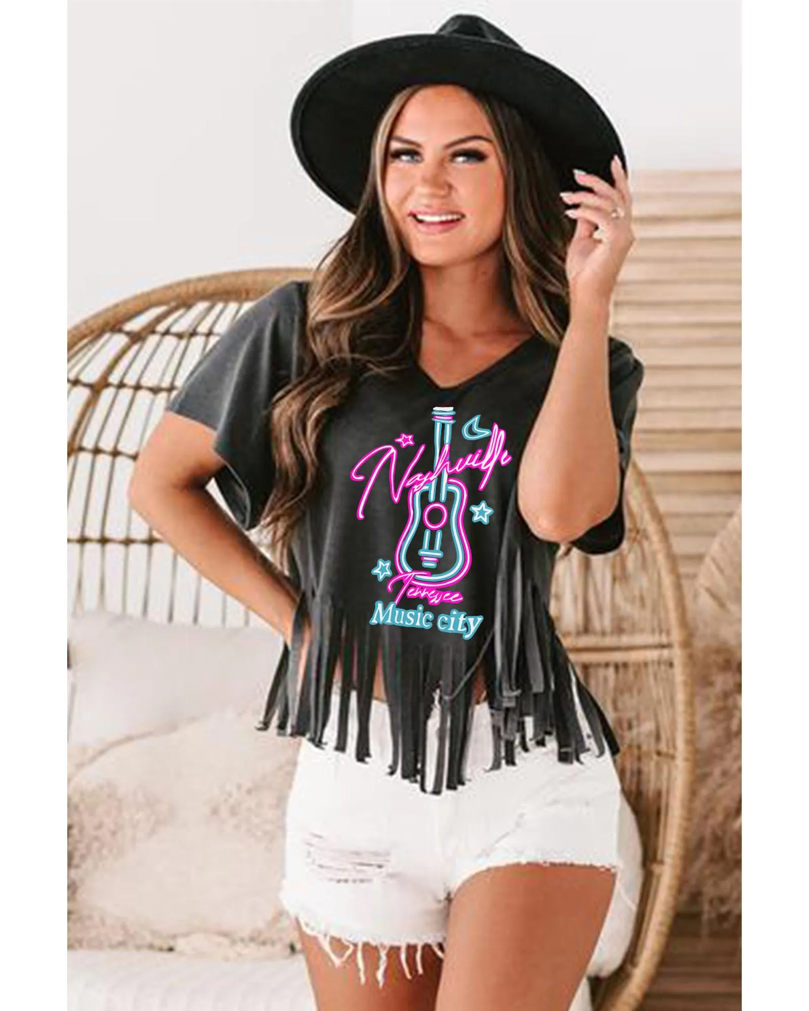 Azura Exchange Guitar Slogan Print Fringed V Neck Graphic Tee - S