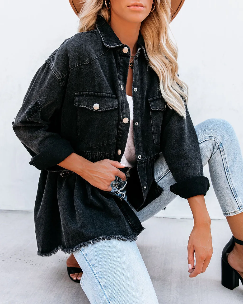 Back Distressed Denim Button Down Shirt Jacket