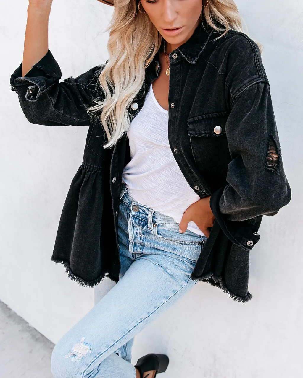Back Distressed Denim Button Down Shirt Jacket