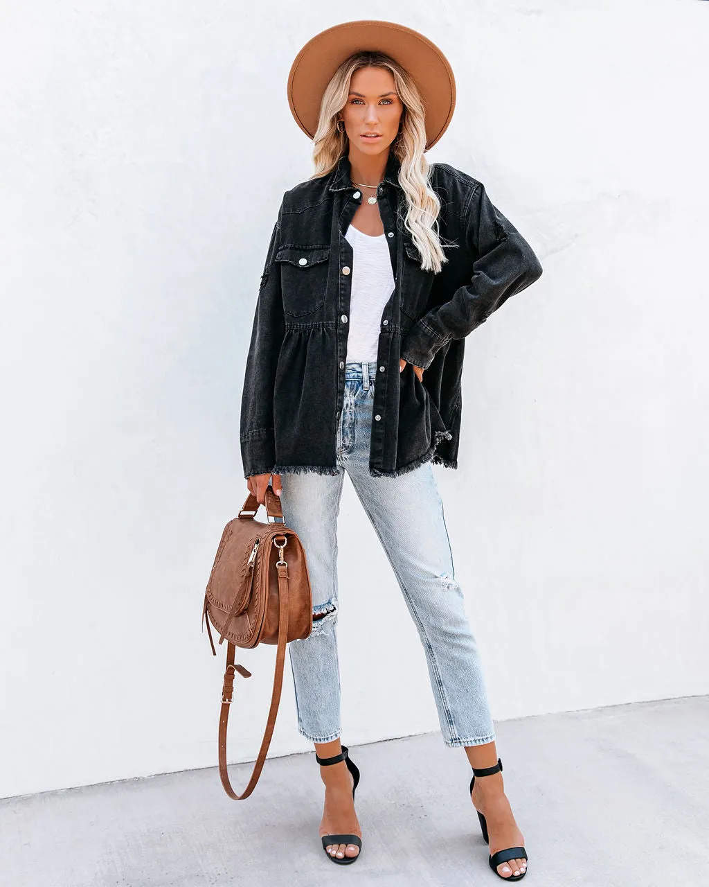 Back Distressed Denim Button Down Shirt Jacket