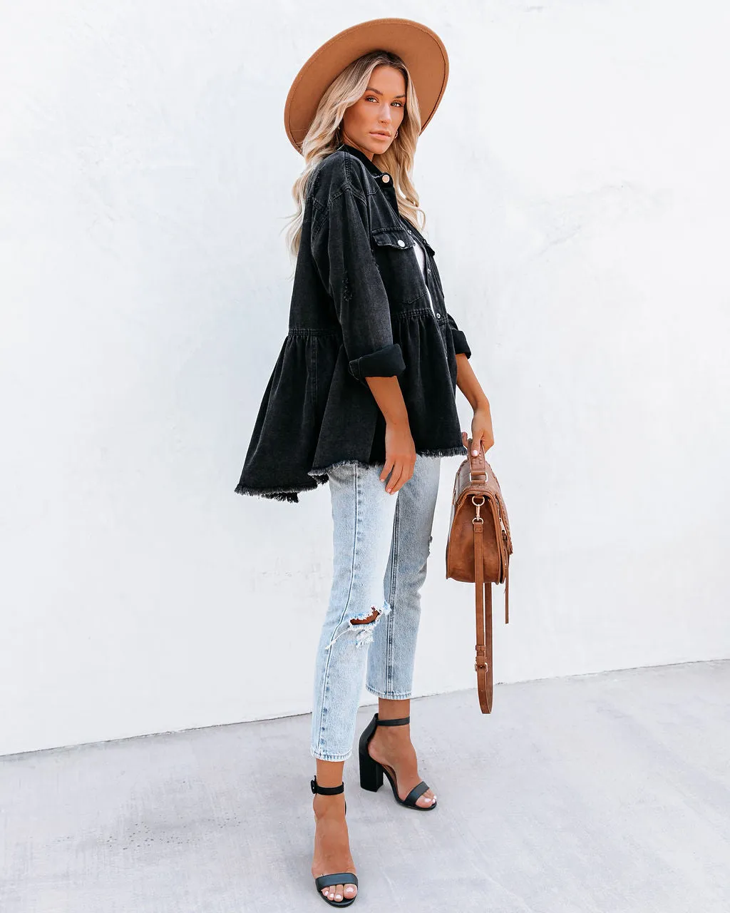 Back Distressed Denim Button Down Shirt Jacket