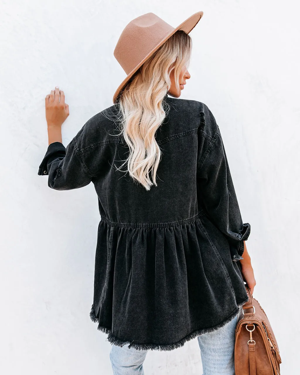 Back Distressed Denim Button Down Shirt Jacket