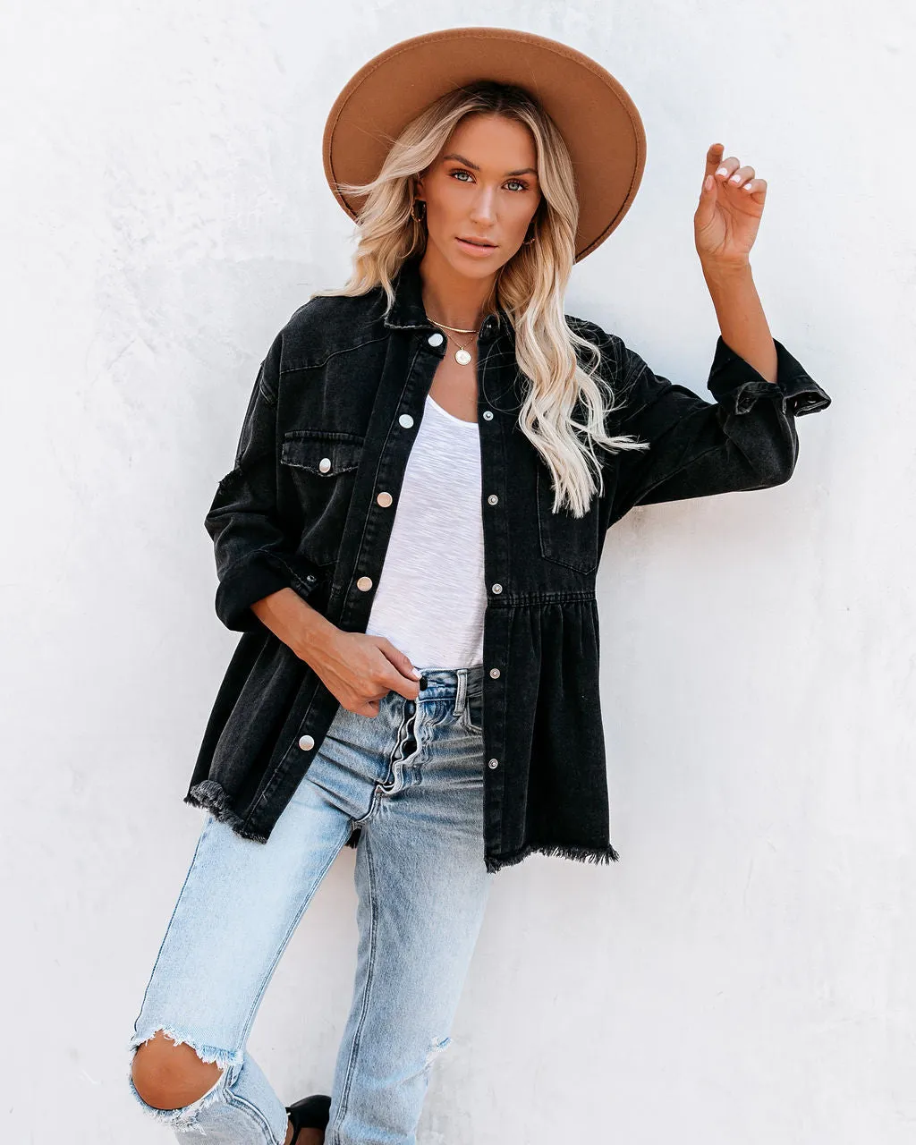 Back Distressed Denim Button Down Shirt Jacket