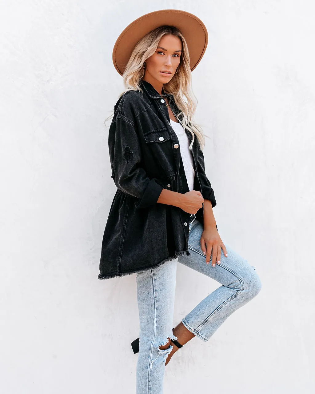 Back Distressed Denim Button Down Shirt Jacket