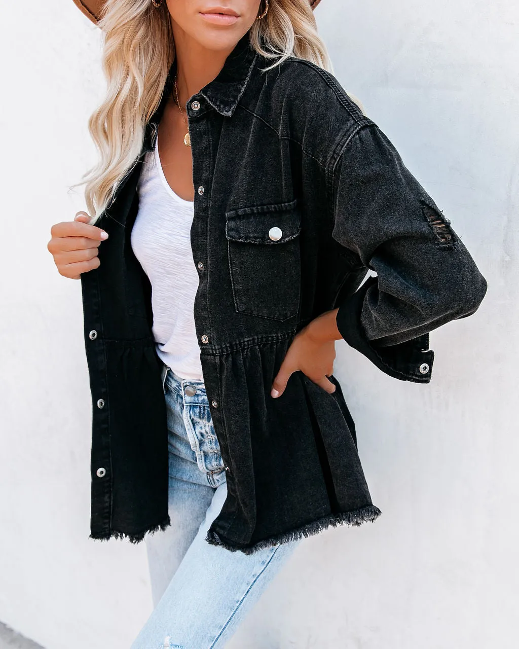 Back Distressed Denim Button Down Shirt Jacket