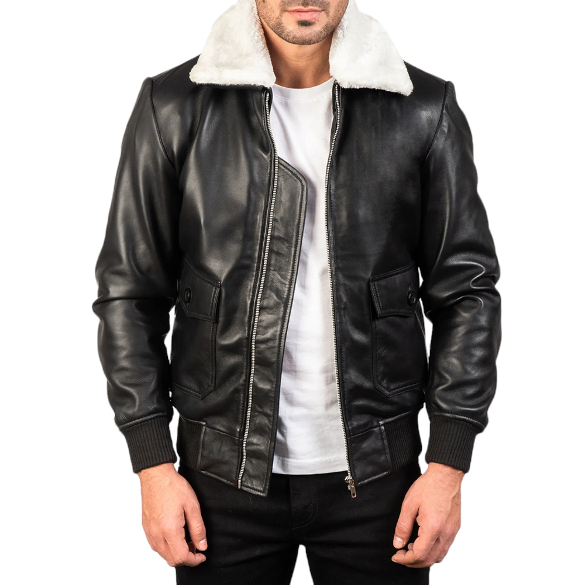 Black & White Leather Bomber Jacket – A Timeless Modern Classic