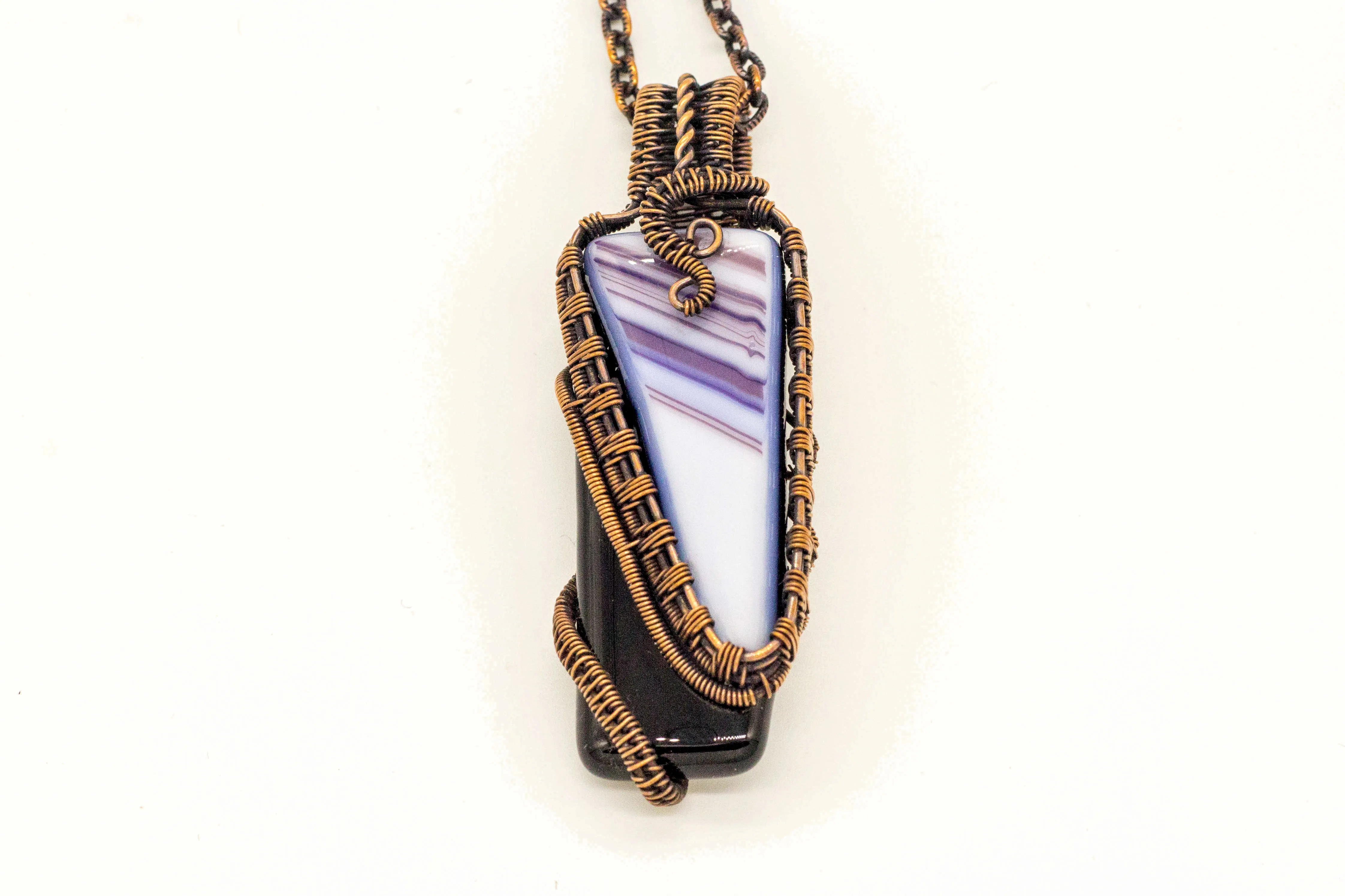 Black and Blue Fused Glass Statement Pendant with Copper Wire Wrapping