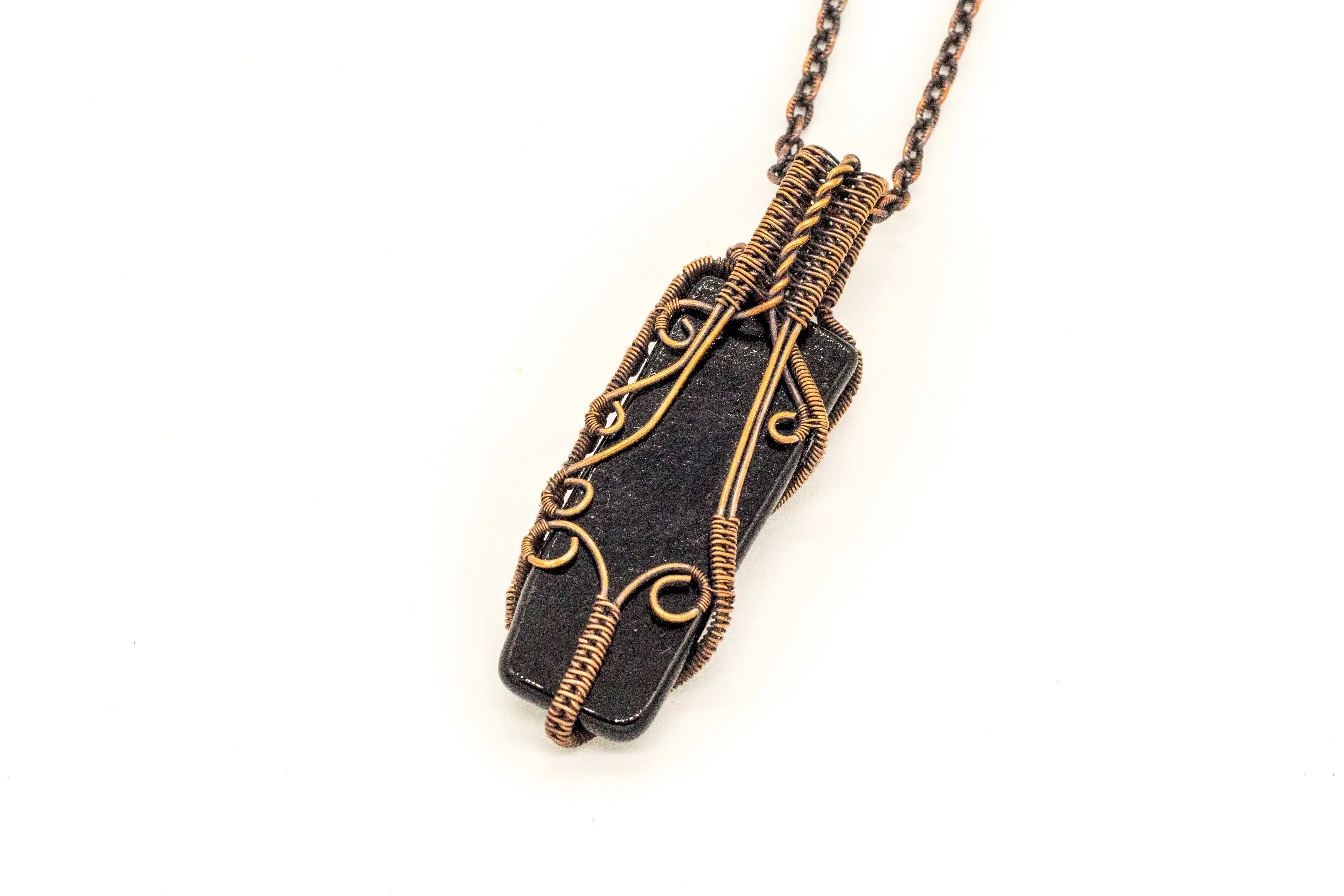 Black and Blue Fused Glass Statement Pendant with Copper Wire Wrapping