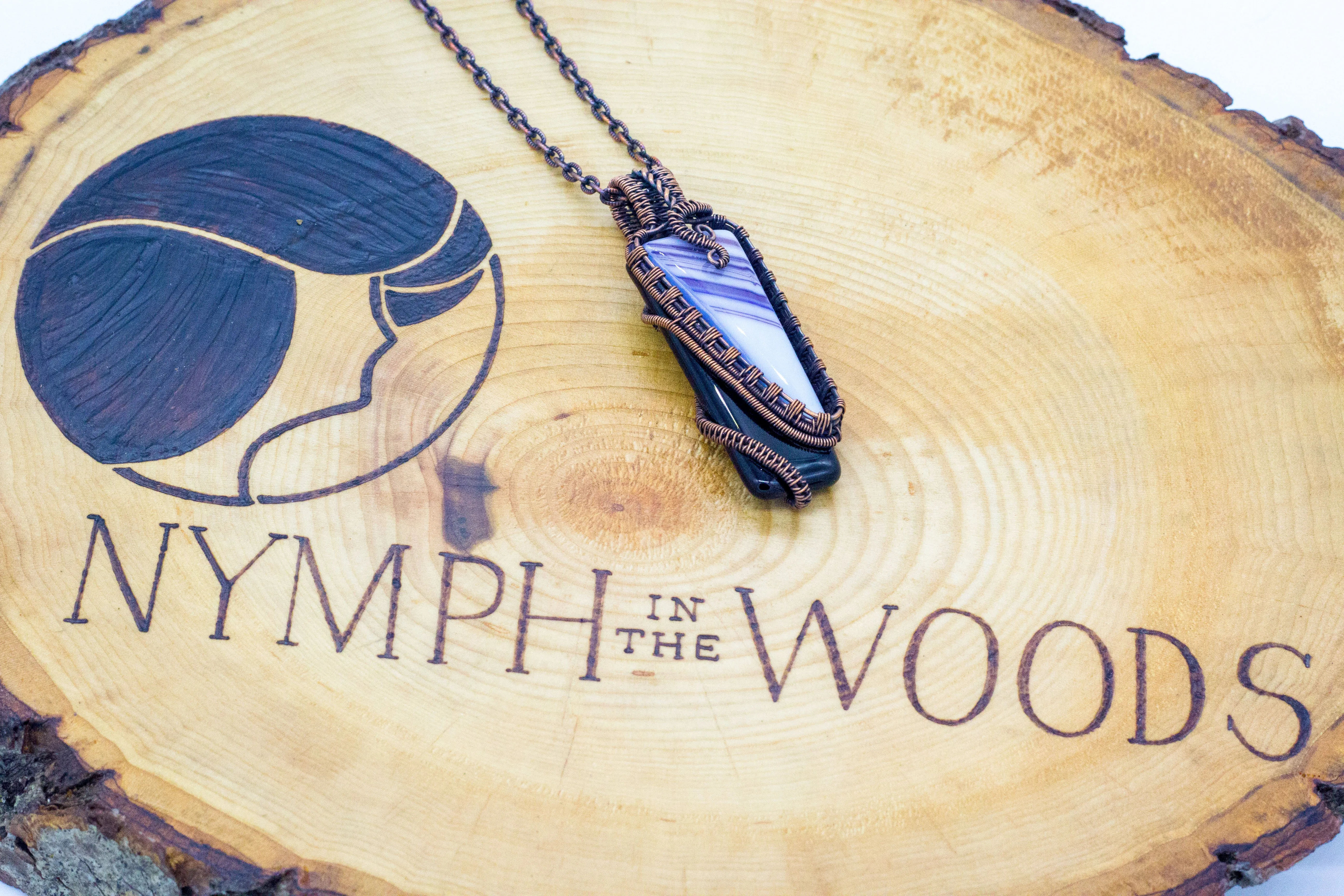 Black and Blue Fused Glass Statement Pendant with Copper Wire Wrapping