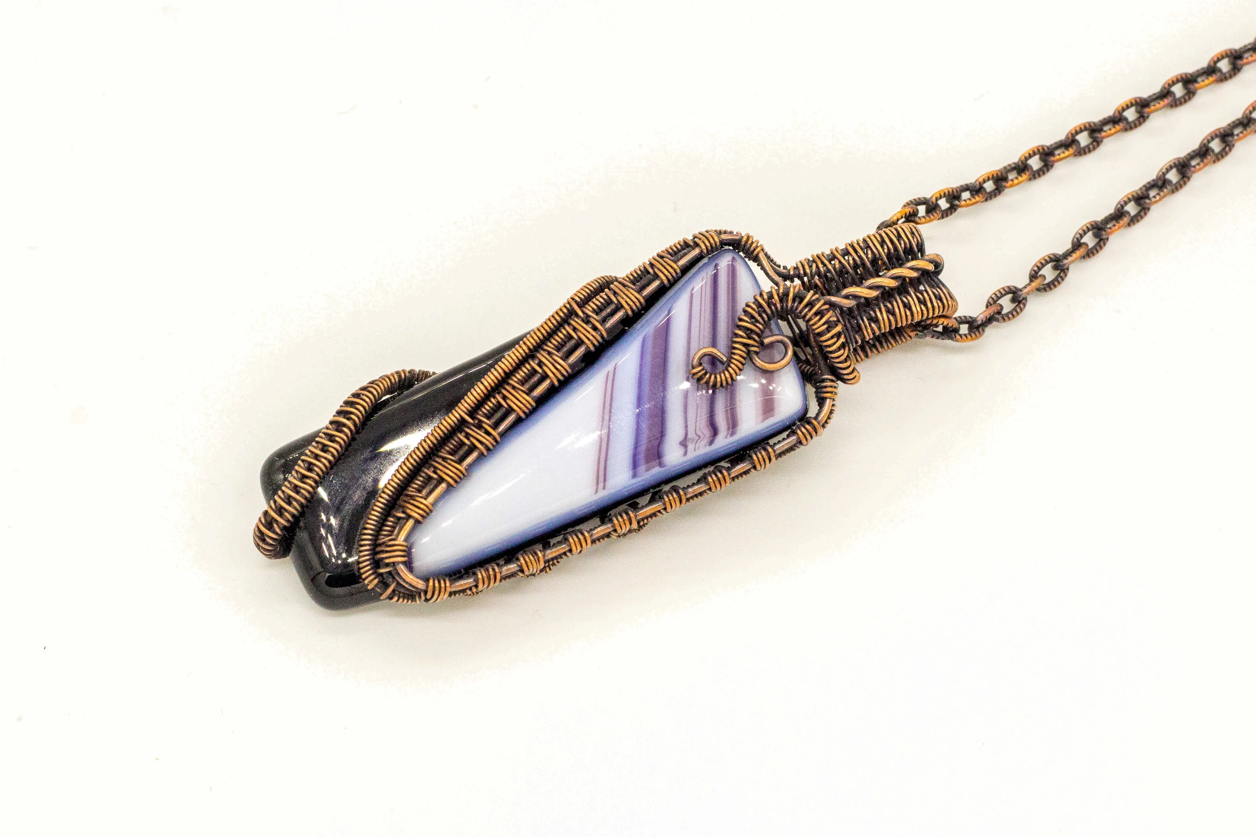 Black and Blue Fused Glass Statement Pendant with Copper Wire Wrapping