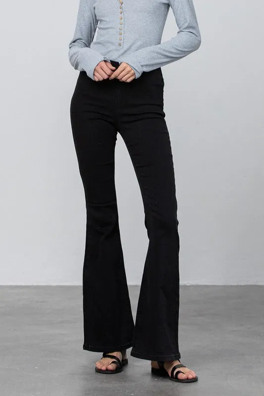 Black Mid Rise Banded Wide Flare Jeans