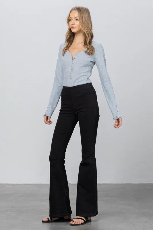 Black Mid Rise Banded Wide Flare Jeans