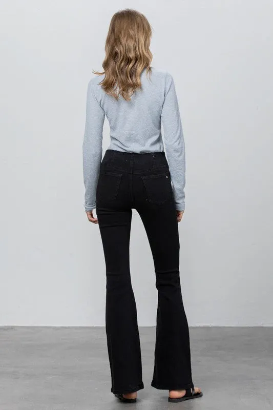 Black Mid Rise Banded Wide Flare Jeans