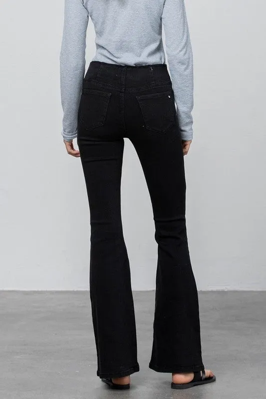 Black Mid Rise Banded Wide Flare Jeans