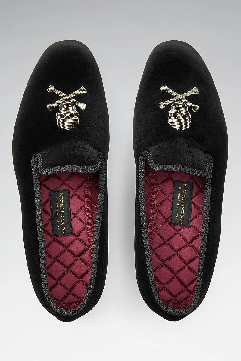 Black Skull & Crossbones Velvet Slippers