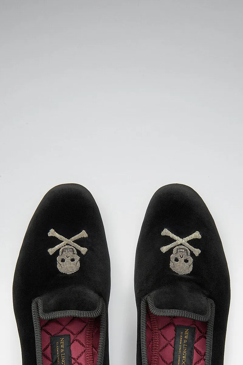 Black Skull & Crossbones Velvet Slippers