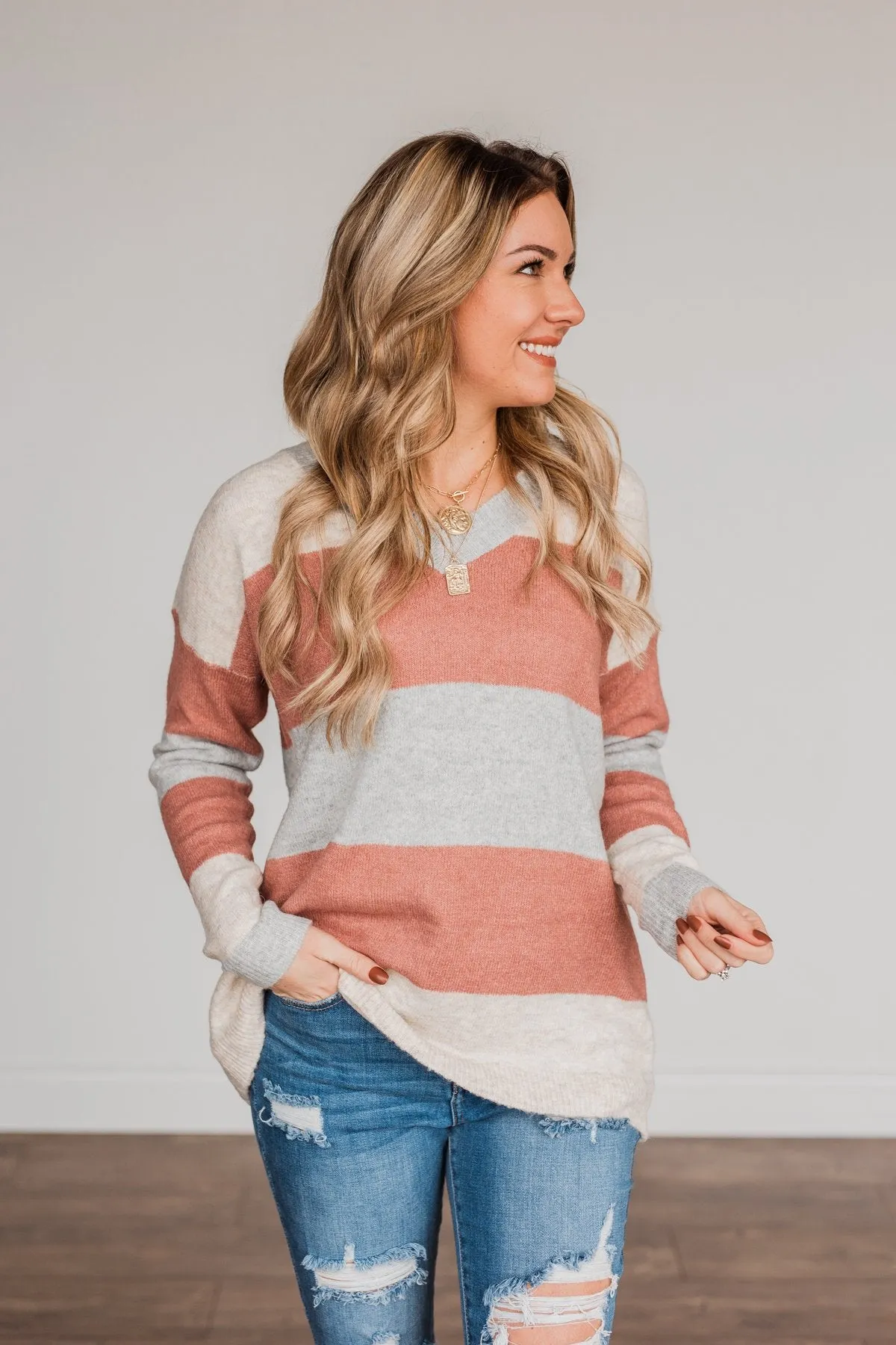 Blissful Feelings Color Block Sweater- Oatmeal & Mauve