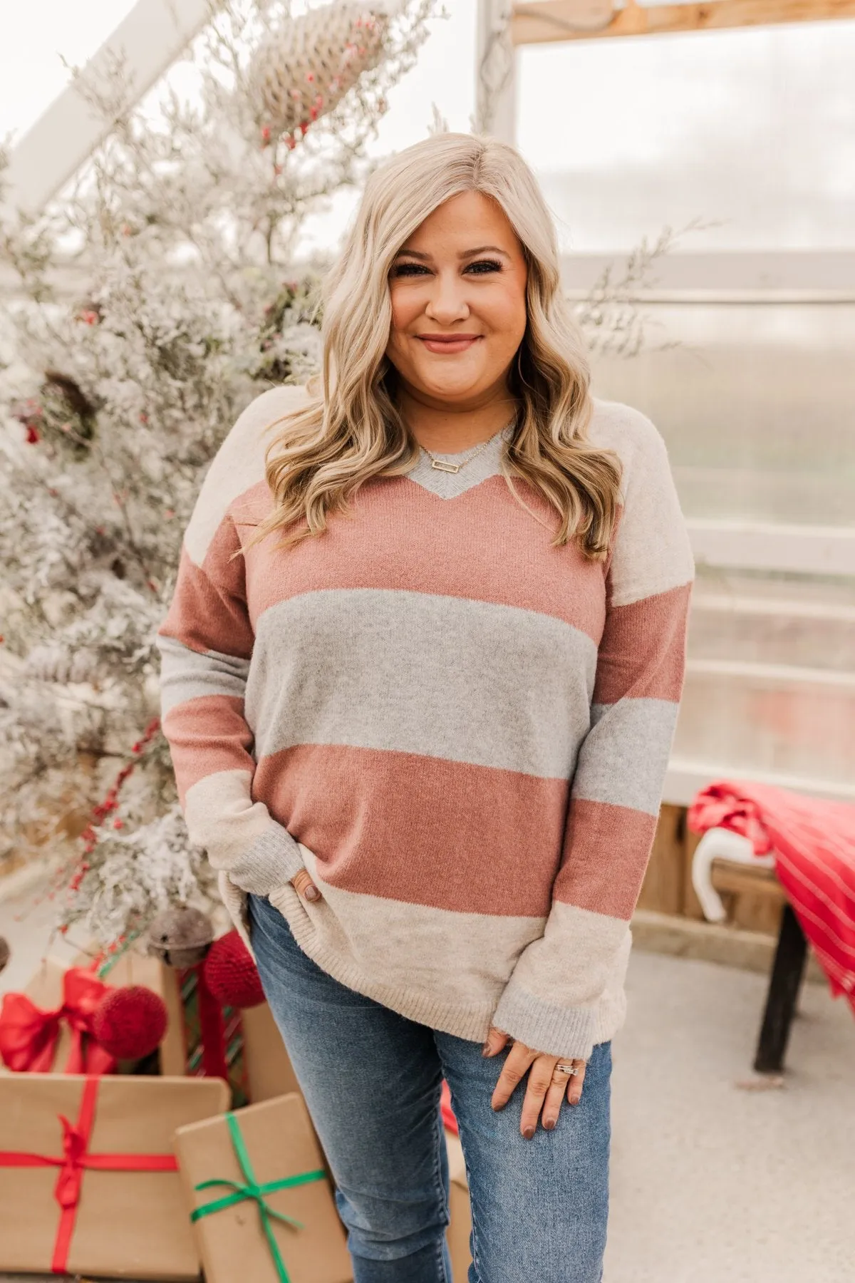 Blissful Feelings Color Block Sweater- Oatmeal & Mauve