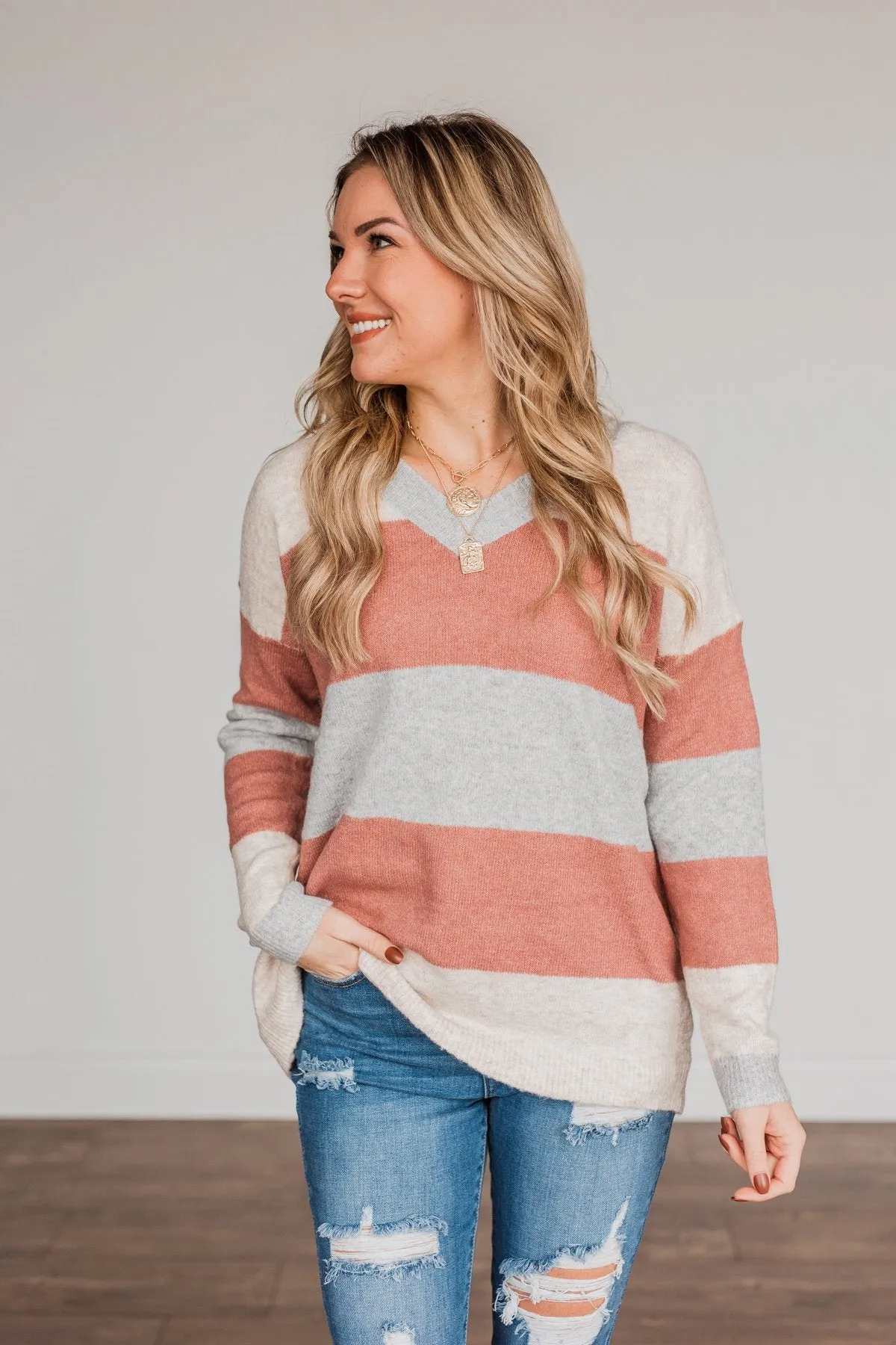 Blissful Feelings Color Block Sweater- Oatmeal & Mauve