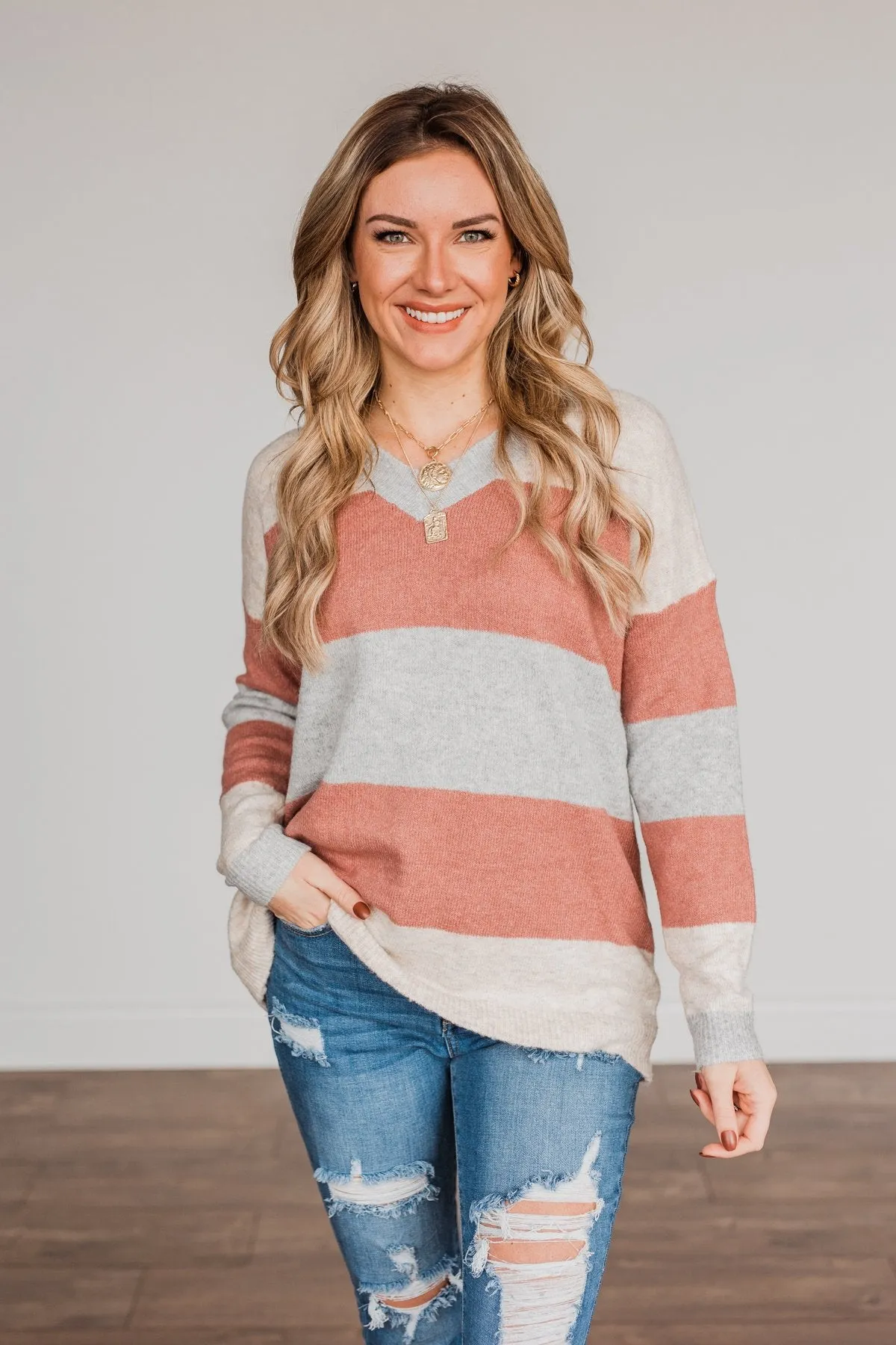 Blissful Feelings Color Block Sweater- Oatmeal & Mauve
