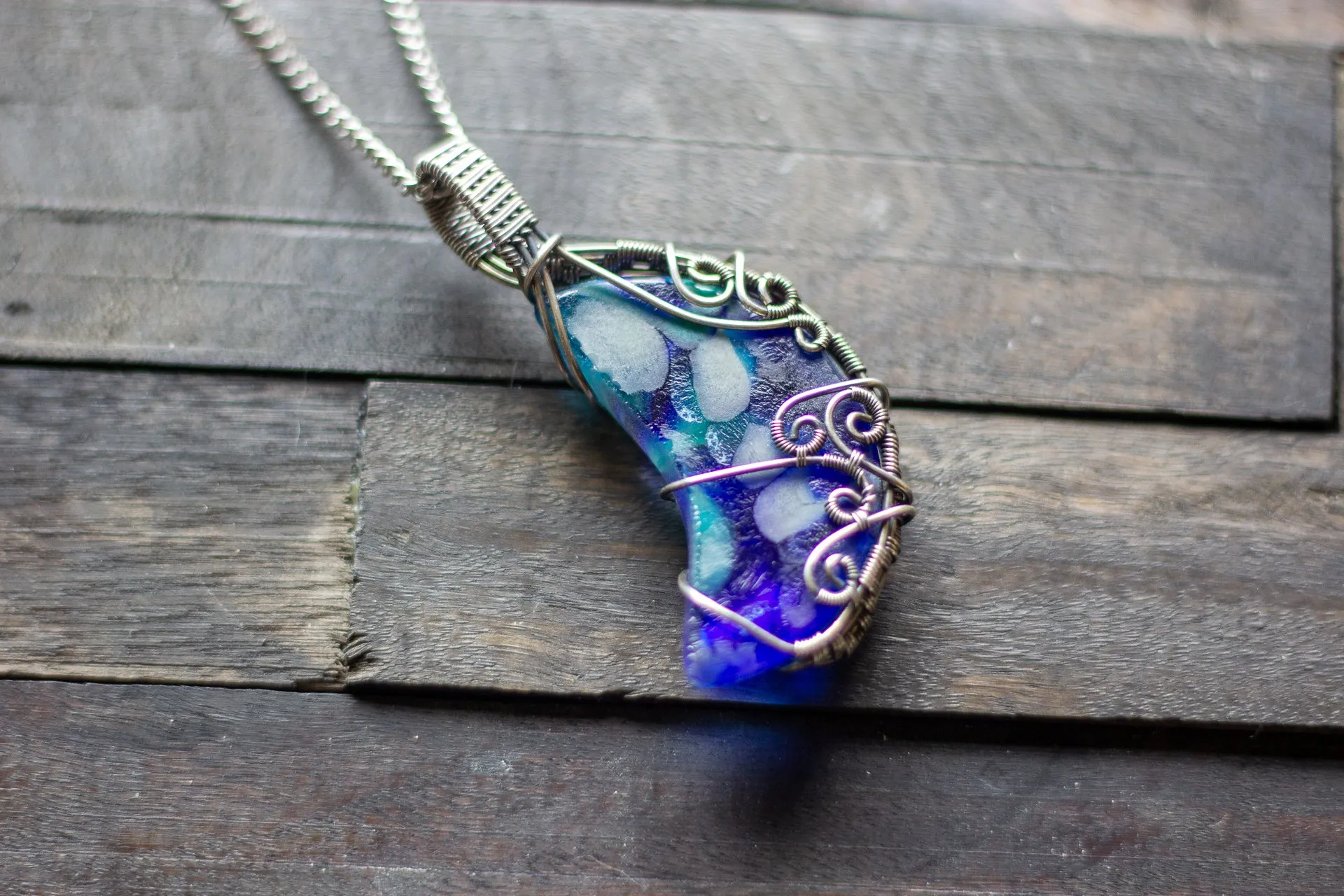 Blue and Green Fused Glass Crescent Moon Pendant with Sterling Silver Wire Wrapping
