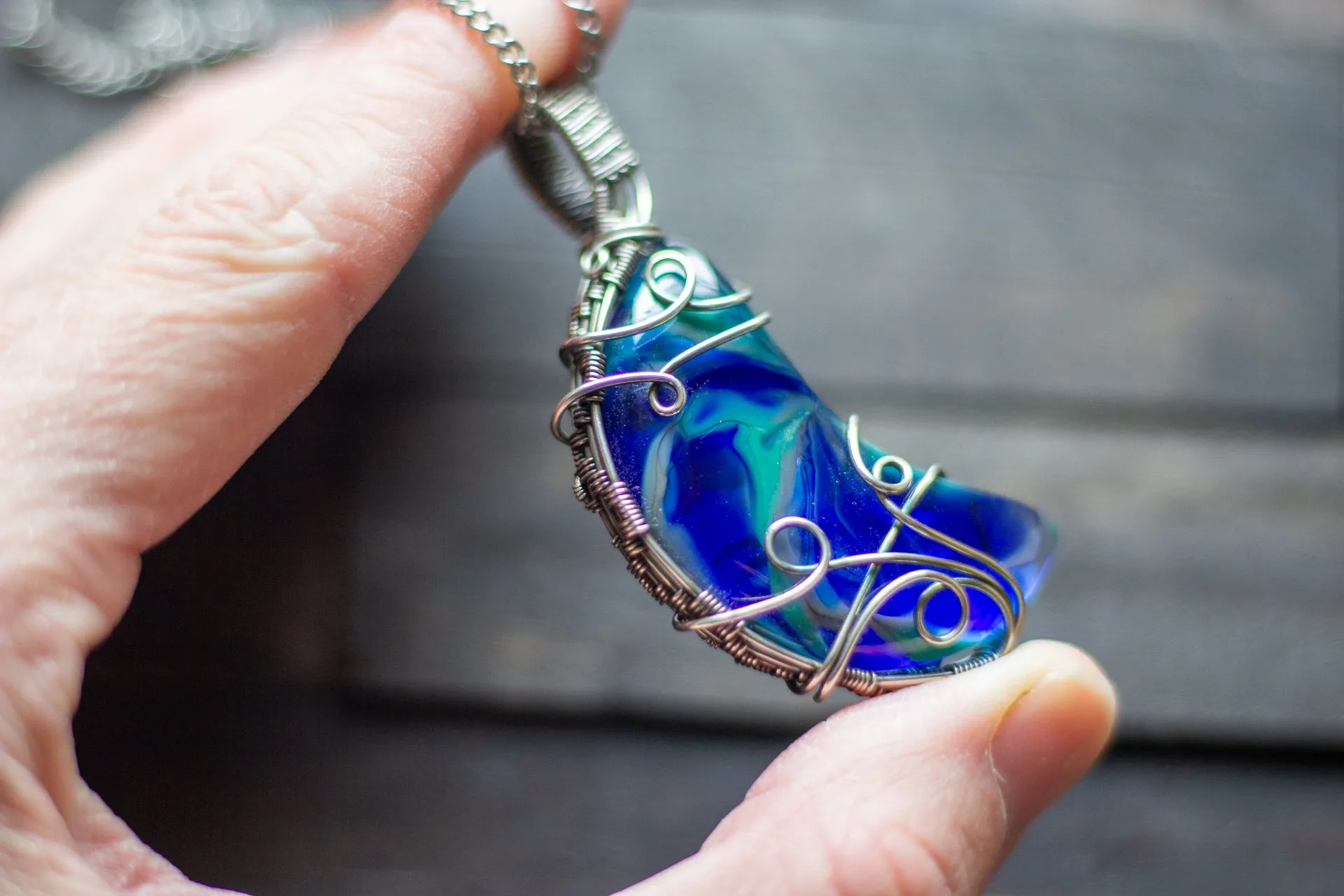 Blue and Green Fused Glass Crescent Moon Pendant with Sterling Silver Wire Wrapping